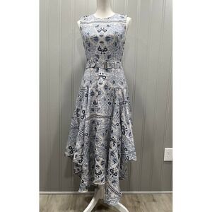Blue White Boho Floral Belted High Low Midi Dress Women's Sleeveless‎